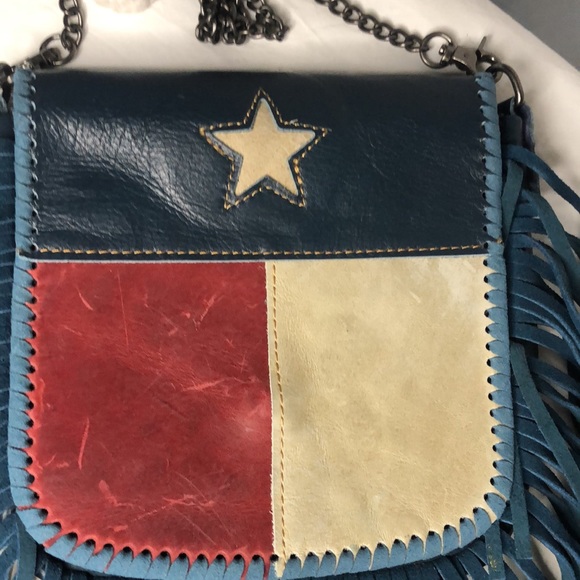 P&G Texas flag genuine leather red, cream, and blue crossbody with fringes. - Picture 2 of 16